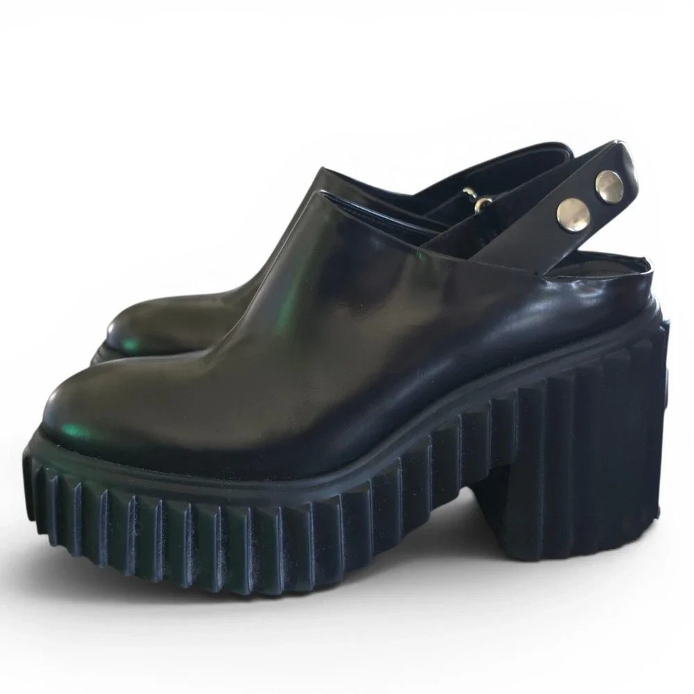 AGL Tiggy Womens Size 39 Black Leather Slingback Platform Mule Chunky Block Heel